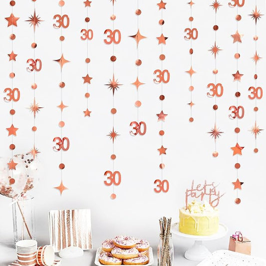 Rose Gold 30th Birthday Decorations Number 30 Circle Dot Twinkle Star Garland Metallic Hanging Streamer Bunting Banner Backdrop for Her Dirty 30 Year Old Birthday Thirty Anniversary Party Supplies