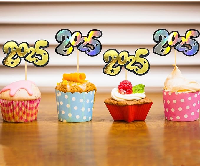 24PCS Glitter 2025 Cupcake Toppers, Happy New Year Cake Picks, 2025 New Year Eve Cake Topper for New Years Eve, 2025 New Year Party Decorations Supplies (A)