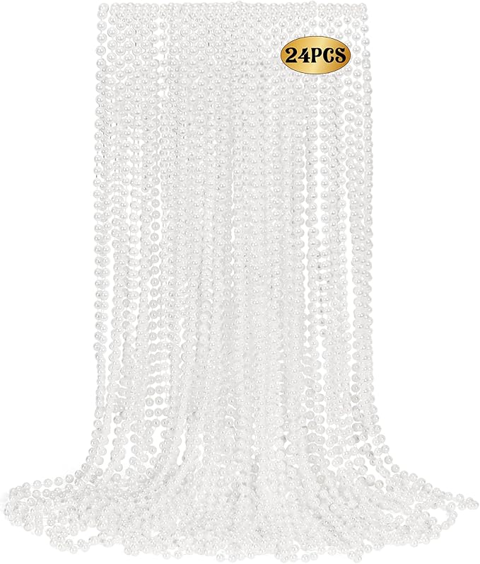 24 PCS White Mardi Gras Beads Necklace Bulk, 33" Round Beads Costume Necklaces for Parade Throws, Holiday Costume Bulk for Carnival Wedding Birthday Decorations