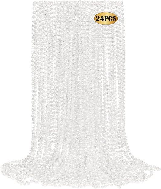 24 PCS White Mardi Gras Beads Necklace Bulk, 33" Round Beads Costume Necklaces for Parade Throws, Holiday Costume Bulk for Carnival Wedding Birthday Decorations