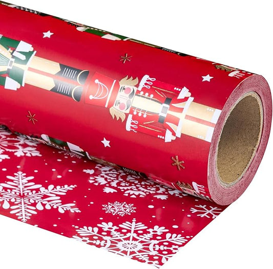 WRAPAHOLIC Reversible Nutcracker Christmas Wrapping Paper - Mini Roll - 17 Inch x 33 Feet - Red Nutcracker and Snowflake Wrapping Paper for Christmas, Holiday, Party
