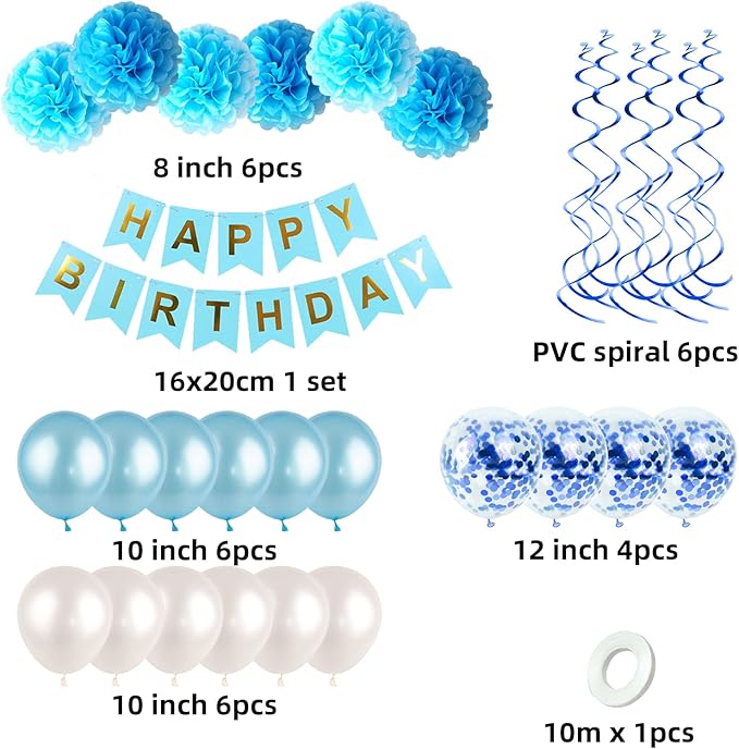 Blue White Birthday Party Decoration Kit - Happy Birthday Banner, Spiral Charm, Paper Flower Ball, Latex Balloons and Confetti for Boys' Party Supplies