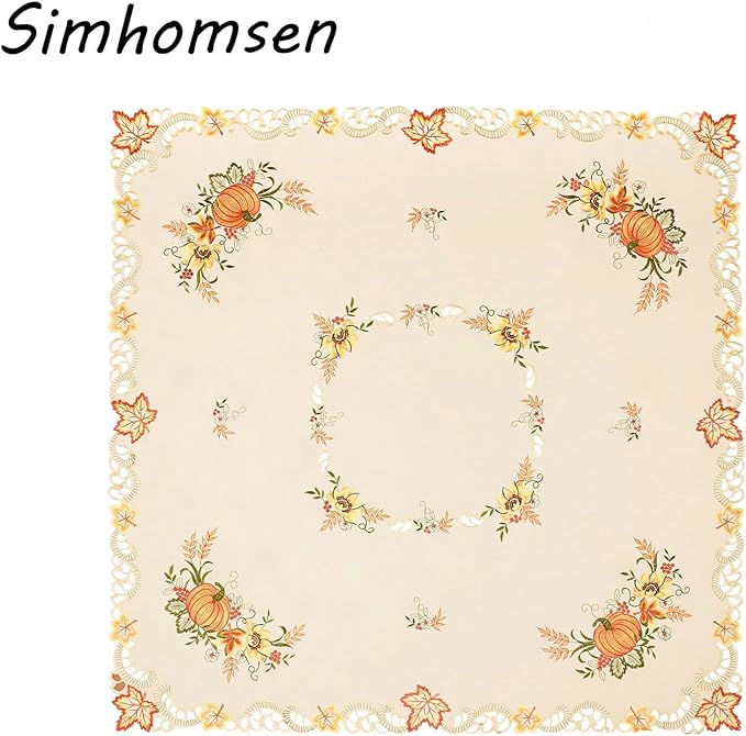 Simhomsen Embroidered Square Fall Autumn Harvest Pumpkins Tablecloth for Thanksgiving (Square 52 inches)