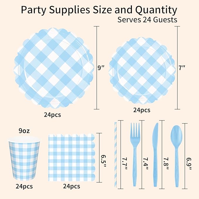 192 PCS Gingham Party Supplies Serve 24 Guests Gingham Plates and Napkins and Cups for Birthday Decorations Baby Shower Checkered Party Supplies Dinnerware Sets for Girl Boy Light Blue