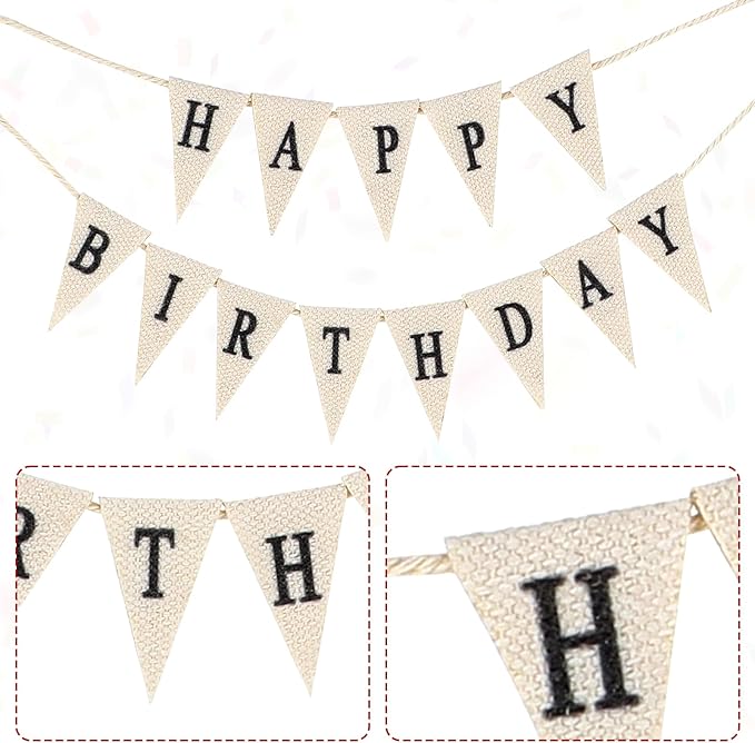 Happy Birthday Cake Banner Personalized Toppers, Handmade Linen Pennant Flags With 7.9 in Bamboo Polls, Party Decoration Supplies for Cakes Cupcakes
