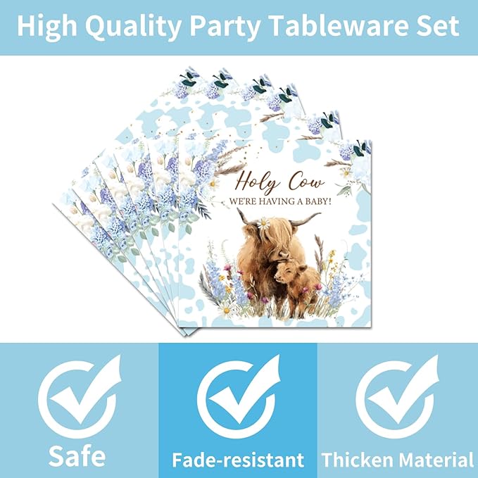 96Pcs Highland Cow Baby Shower Decorations Disposable Tableware Set - Holy Cow Highland Paper Plates Napkins Forks Blue Boho Highland Theme Baby Shower Birthday Party Supplies Serve 24 Guests