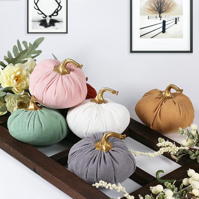 Ogrmar 6 Pack Fabric Artificial Pumpkins Set Corduroy Fabric Decoration Pumpkins Lifelike Harvest Pumpkins for Halloween Fall Harvest Festival, Thanksgiving Decoration