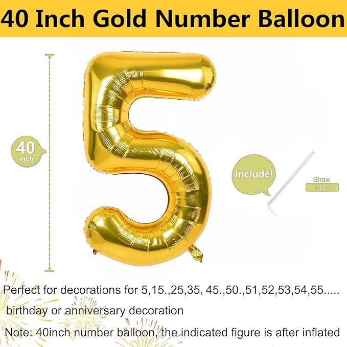 40 inch Gold Number Balloon Giant Foil Helium Balloons Gold Number 5 Balloon for 5th Birthday Party Anniversary Decorations Supplies