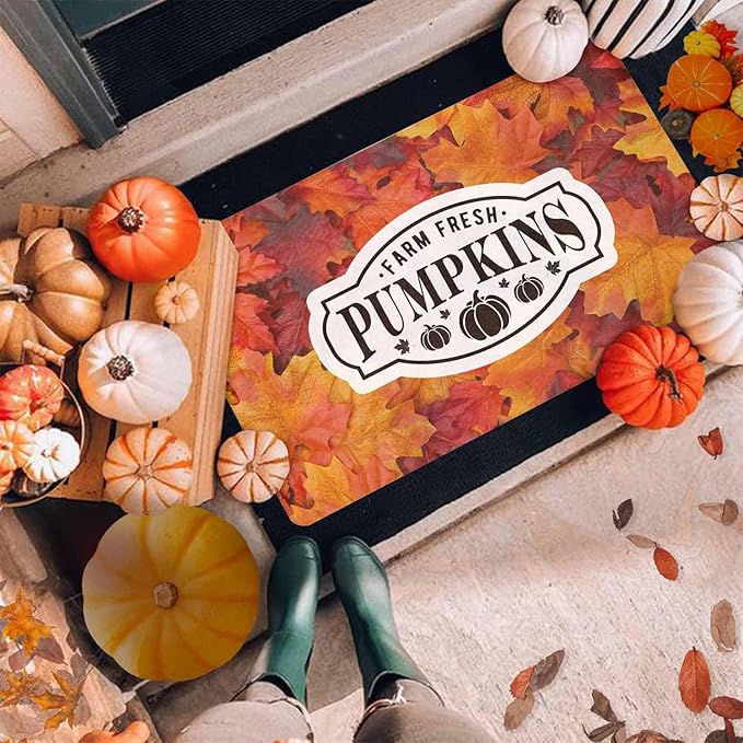 Fall Welcome Maple Leafs Decorative Door Mat, Autumn Thanksgiving Doormat for Indoor Outdoor Entrance Floor Mats,Fall Pumpkins Non Slip Harvest Vintage Decor Rubber Welcome Mats 30" x 18" Inch