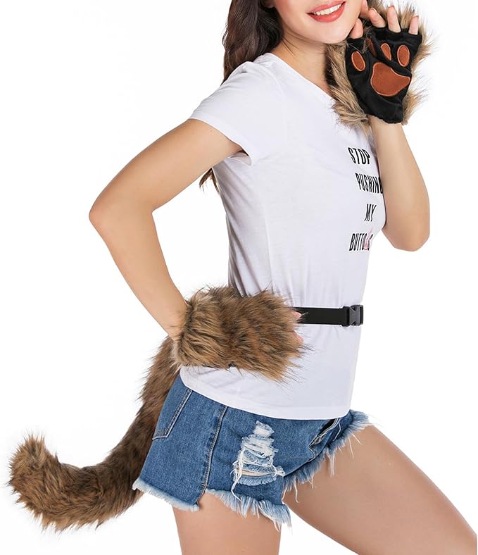 Adolala Faux Fur Fox Tail Cat Wolf Set Plush Mask Fluffy Paw Gloves Halloween Christmas Party for Women