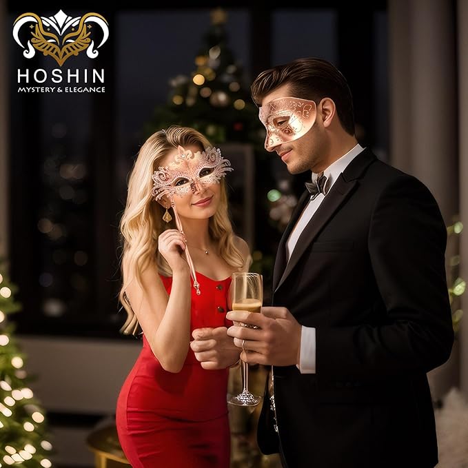 Hoshin Masquerade Mask for Couple, Mardi Gras Deecorations Venetian Masks with Stick for Womens