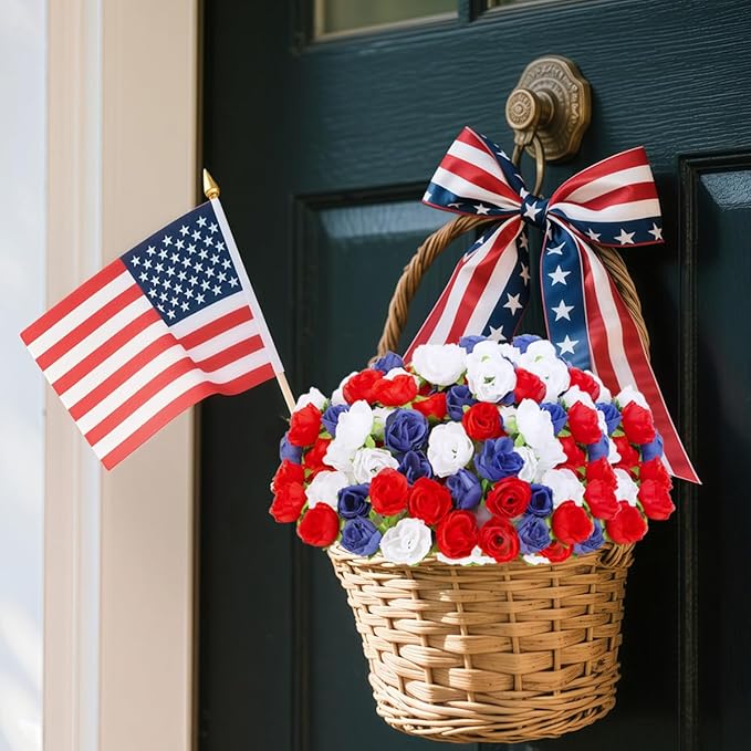 100pc Mini Patriotic Roses Head Bulk, 4th of July Artificial Small Rose Flower for Independence Day DIY Decor 1.3 Inch Red White and Blue Flower for Wedding Arrangement