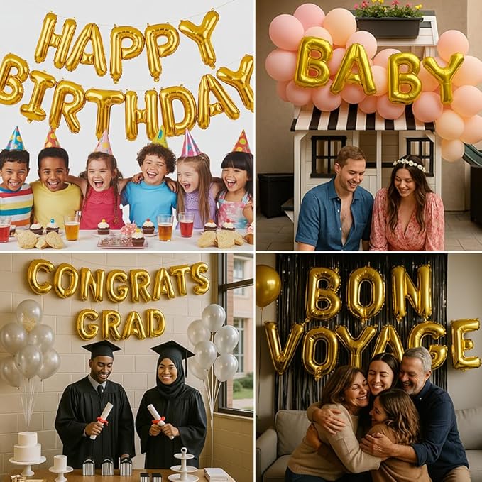 [52pcs] Gold Letter Balloons - 2 Full A-Z Sets For Gold Letter Balloon Banner | Alphabet Ballons | 16 inch Foil Ballon | Customized Name Balloon Letters for a Birthday, Graduation, Wedding Baby Shower