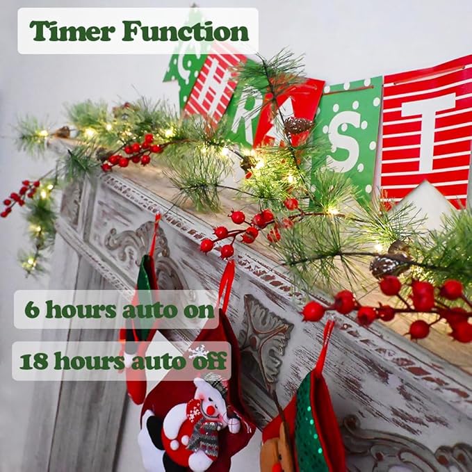 Christmas Garland with LED Fairy Lights Battery Operated Smokey Pine Garlands with 8 Flash Modes and Timer Red Berries Bells Pine Cones Green Garland Rustic Garlands for Xmas Holiday Home