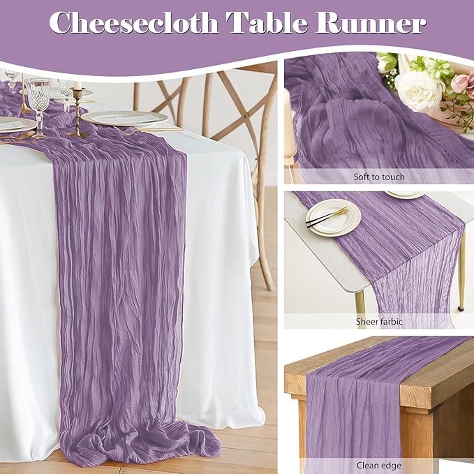 6 Pack 10 Ft Cheesecloth Table Runner Purple Gauze Long Table Runners Boho Gauze Cheese Cloth Table Runner Rustic Sheer Runner for Wedding Party Table Decor ( 35 x 120 Inch )