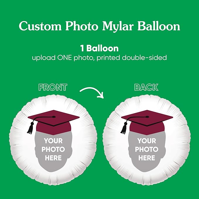 Big Dot of Happiness Personalized Maroon Grad Cap Fun Face Photo Balloon, Elementary High School College Burgundy Custom Graduation Party Decorations, Double-Sided Round Circle Mylar, 1 Piece