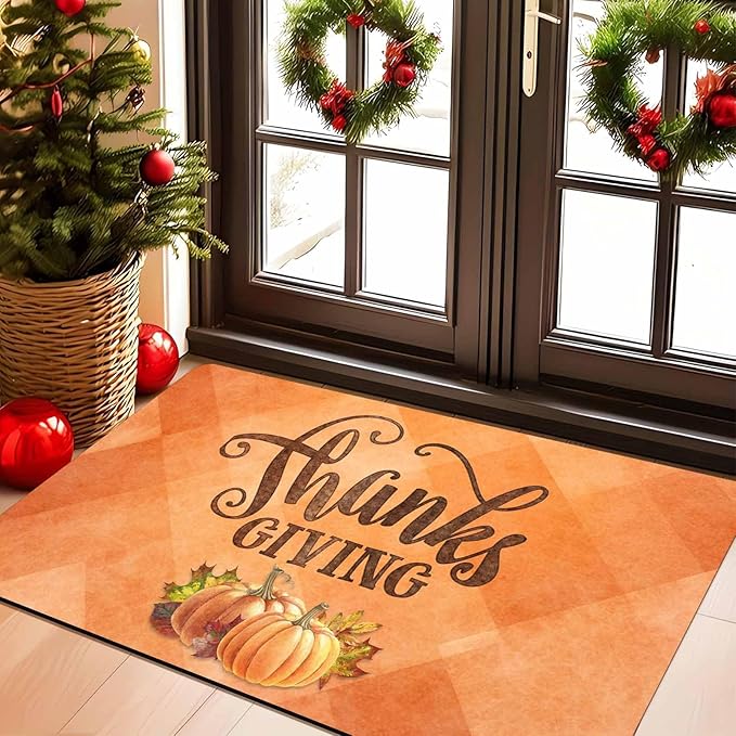 Fall Welcome Maple Leafs Decorative Door Mat, Autumn Thanksgiving Doormat for Indoor Outdoor Entrance Floor Mats,Fall Pumpkins Non Slip Harvest Vintage Decor Rubber Welcome Mats 16" x 24" Inch