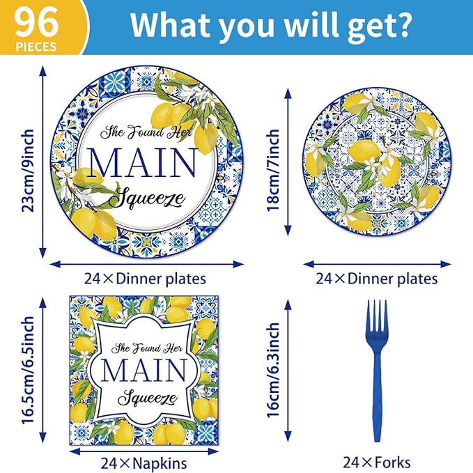 96PCS She Found Her Main Squeeze Plates and Napkins Party Supplies Lemon Bridal Shower Decorations Blue Tiles Lemon Weeding Engagement Disposable Paper Tableware Set Serves 24 Guests