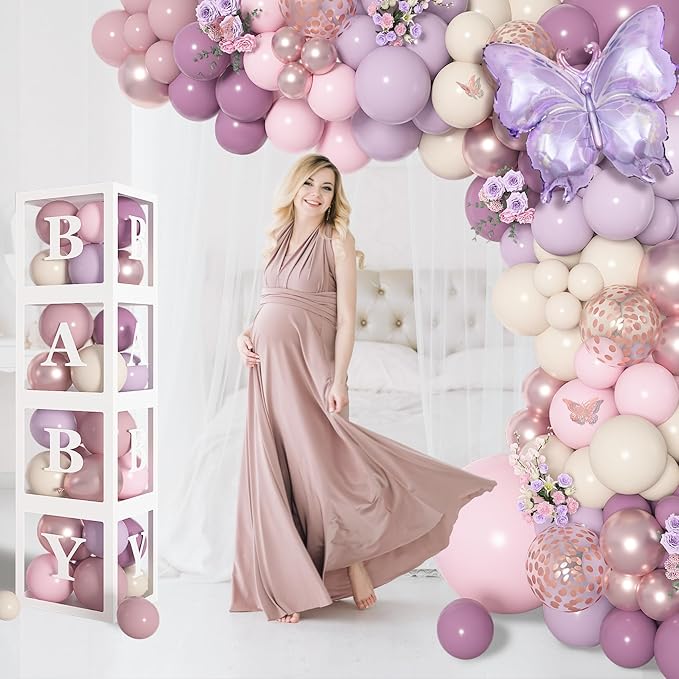 Amandir 153Pcs Purple Baby Shower Decorations for Girl, Double-stuffed Pink Purple Balloon Arch Kit Baby Boxes with Letter Foil Butterfly Balloons Sticker for Birthday Wedding Party Supplies