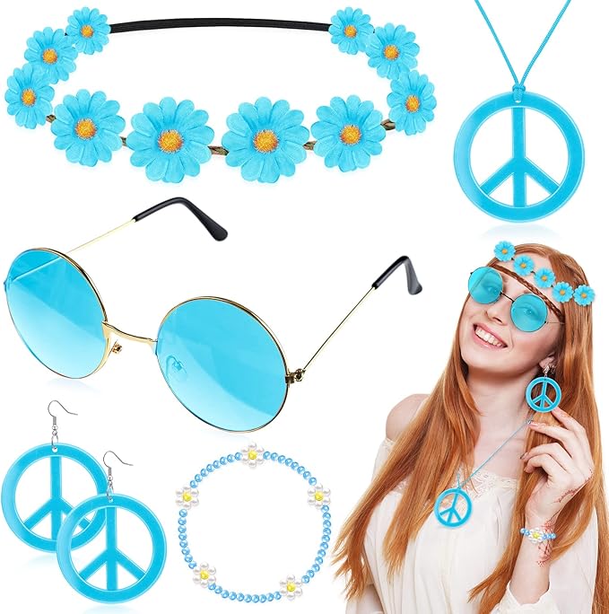 Batiyeer 6 Pcs Hippie Costume Accessories Set, Boho Peace Sign Daisy Flower 60s 70s Party Favors Decor for Groovy Party Women(Light Blue)