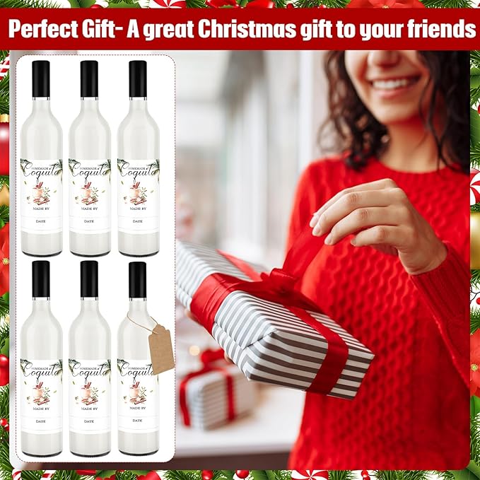 6 Set Christmas Glass Coquito Bottles 25 oz Wine Brewing Bottles for Homemade Coquito with Christmas Stickers Airtight Caps for Home Milk Eggnog