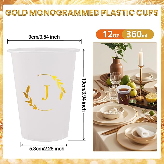 100 Monogrammed Cups Disposable Initial Plastic Cup 12 oz Wedding Personalized Cup for Wedding Reception Baby Shower Birthday Party(Letter J)
