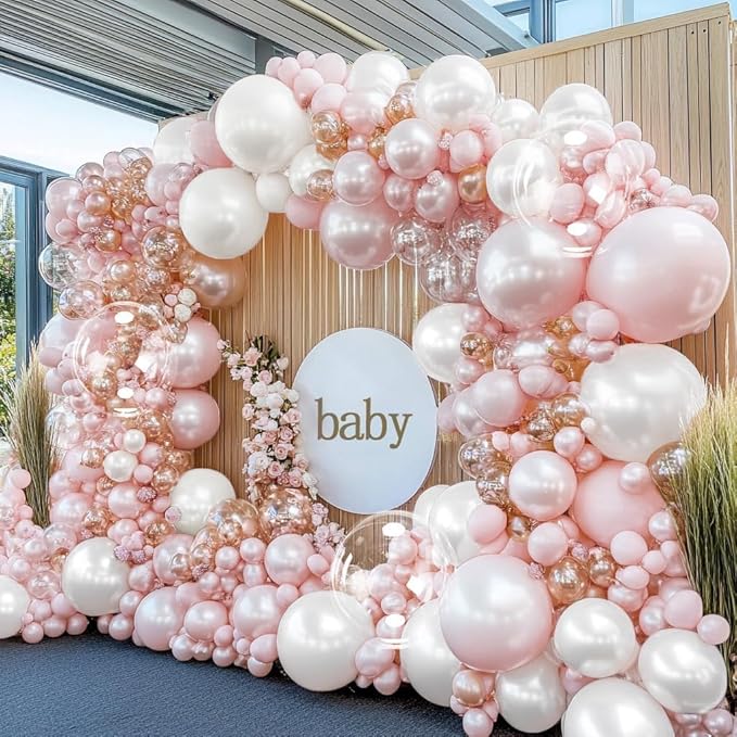 Pearl Pink Balloon Arch Double Stuffed Pastel Light Baby Pink Balloon Garland Different Sizes 12/10/5in With Clear Bobo Balloons for Birthday Wedding Bridal Baby Shower Engagement Party Decor