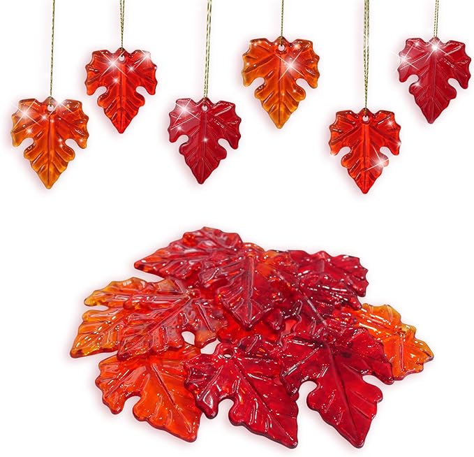 12Pcs Fall Thanksgiving Glass Maple Leaf Ornaments Small Tree Hanging Glass Ornament for Thanksgiving Party Hanging Decor Tree Decor Autumn Fall Harvest Farmhouse Home Decorations