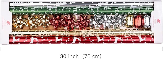 WRAPAHOLIC Christmas Wrapping Paper Set - Red Green Gold and Silver Snowflakes Trees with Metallic Foil Shine Wrapping Paper Bundle with Gift Bow & Ribbon & Tag & Sticker