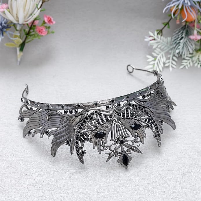 Gothic Red Crystal Flame Wing Tiara Crown for Women Girls, Halloween Cosplay Dark Queen Headpiece, Vintage Rhinestone Headband for Masquerade Party Wedding Prom Stage Accessories