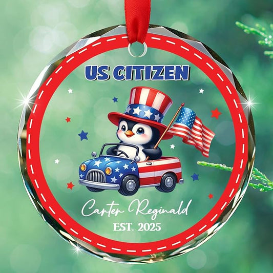 Customized Penguin US Citizen Glass Christmas Ornament 2025, Personalized Year & Name New American Citizen Keepsake Xmas Ornaments Gift for Men Women Boys Girls Sister Brother, New Citizens Ornament