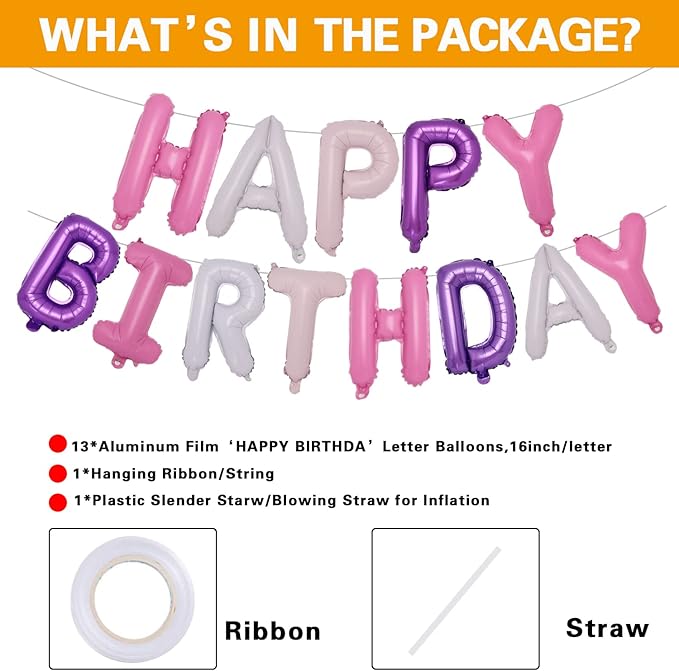 Accevo Pantone Happy Birthday Banner Purple Pink Happy Birthday Balloons 16 Inch Foil Letters Balloons Happy Birthday Sign for Kids, Child, Adults, Boys & Girls Birthday Decorations Birthday Banner
