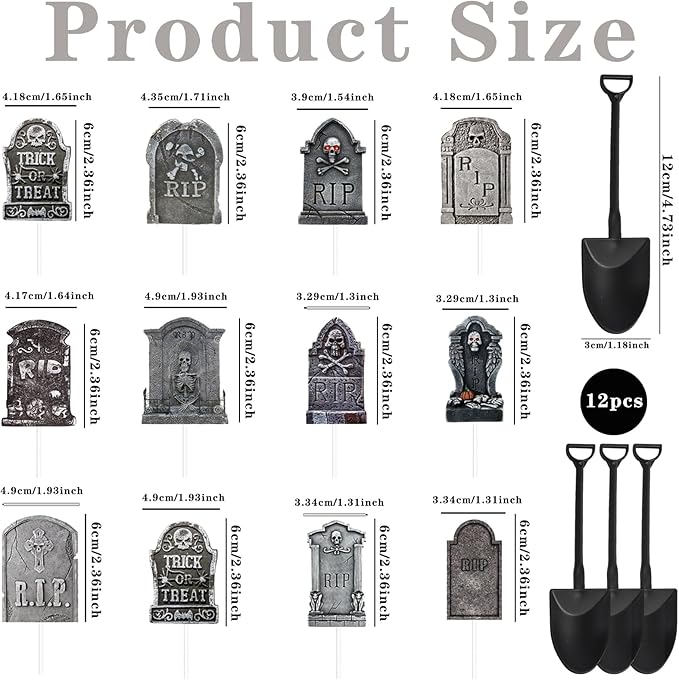 Halloween Cupcake Toppers Cake Decorations Tombstones Graveyard Skull Cupcake Toppers Pick Decor with Novelty Mini Shovel Spoons for Halloween, Birthday Party Decoration Supplies, 24 Pieces