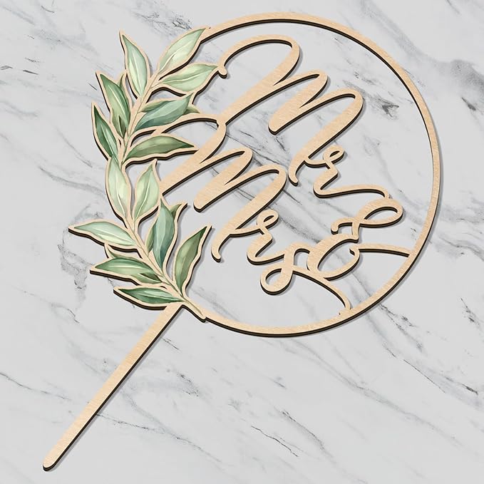 Mr & Mrs Cake Topper Greeny Wedding Cake Topper in Wood (Design 02)