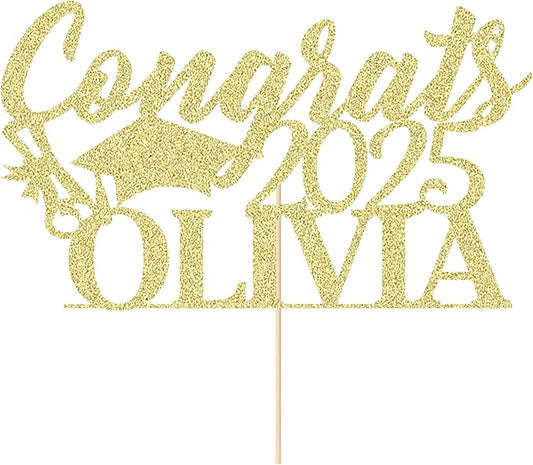 Personalized Cake Topper Custom Congrats Graduation Hat Student Class of 2025 Double Sided Glitter Card with Any Name (Champagne Gold)