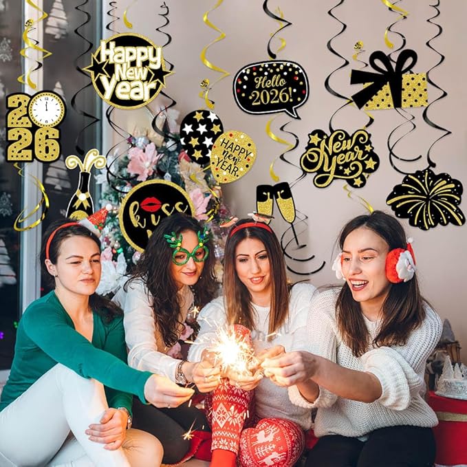 Happy New-Year’s Eve Party-Decoration Banner Garland - 16pcs Black Gold 2026 Swirl Streamers Banner, Nye Kids Hanging Supplies Decor Lasting Surprise