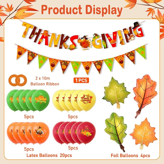 Thanks Giving Banners Large Maple Leaves Foil Balloons, Turkey Pumpkin Bunting Banners Latex Fall Balloons for Thanksgiving Day Party Decorations