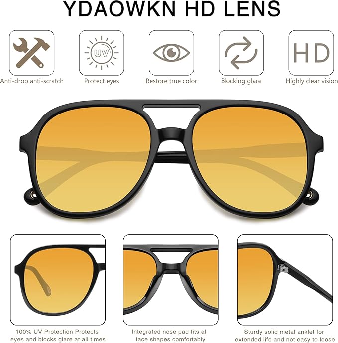 YDAOWKN Retro Square Aviator Sunglasses for Womens Mens Vintage 70s Double Bridge Sun Glasses