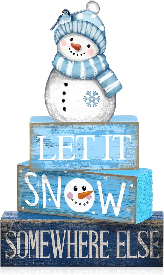 4 Pcs Snowman Christmas Table Decorations Winter Tiered Tray Decor Christmas Centerpiece Rustic Blue and White Decorative Snowman Block Sign Gift for Winter Wonderland Party Home Kitchen