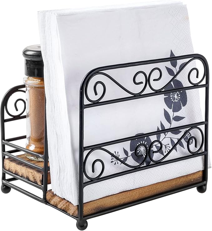 MyGift 2-in-1 Disposable Napkin and Salt & Pepper Caddy, Black Metal Vintage Scrollwork Dinner Table Paper Towel Condiment Holder with Rustic Burnt Solid Wood Base