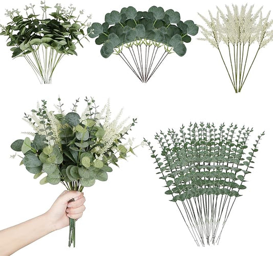 Artificial Eucalyptus Leaves Stems 120 Pcs 4 Kinds Mixed Fake Silver Dollar Eucalyptus Leaves Stem Bulk Faux Leaf for DIY Bouquets Floral Arrangement Wedding Home Decor