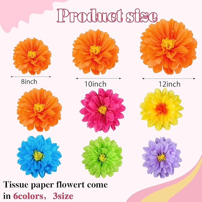 Geyee 18 Pcs Mexican Paper Flowers Colorful Fiesta Tissue Paper Flowers Pom Poms Mexican Carnival for Floral Party Backdrop Wedding Birthday Party Craft, 6" 8" 10"(Bright Color)