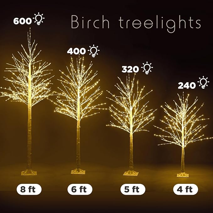 Baquler 4 Pack Lighted Birch Tree - Large Christmas Warm-White LED 8 Mode Light Birch Tree Decoration Set for Thanksgiving Holiday Fall Winter Party Decor, Indoor & Outdoor (4 5 6 8 ft)