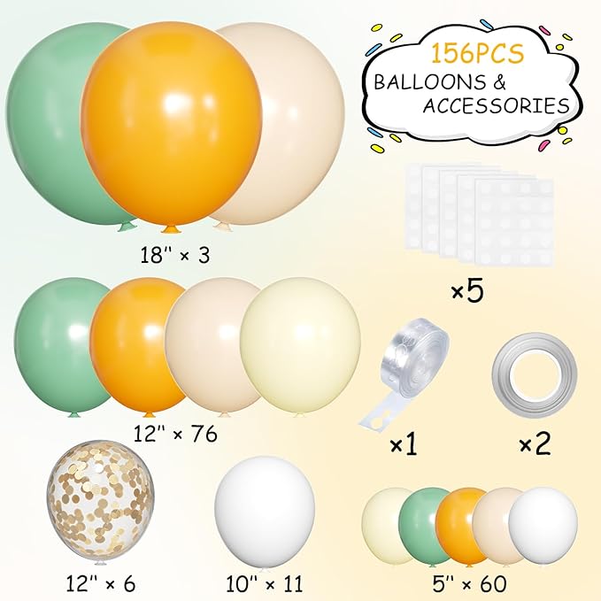 Sage Green Orange and White Sand Balloons Garland Arch Kit, 156 Orange Green Pastel Yellow White Sand Balloons for Birthday Baby Shower Wedding Party