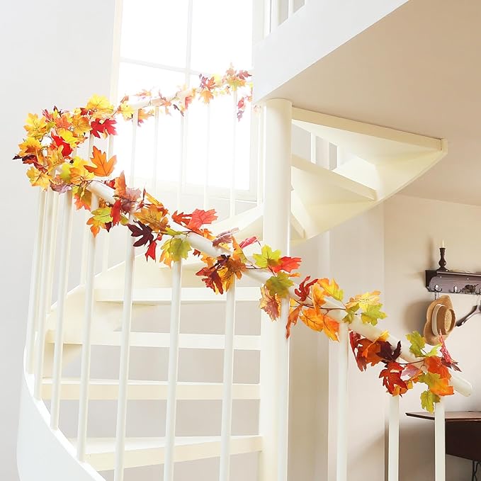 Joyhalo 6 Pack Fall Garland, Autumn Leaves Garland for Mantle Indoor Outdoor Fall Decorations for Home,Hanging Maple Leaf Foliage Vines for Fireplace, Front Door, Porch and Thanksgiving Decor