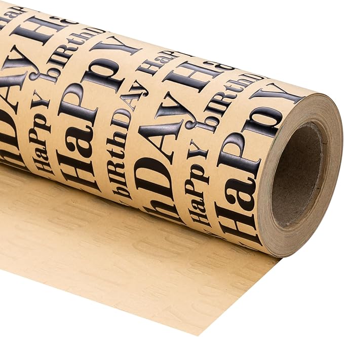 WRAPAHOLIC 3D Kraft Birthday Wrapping Paper Roll - Mini Roll - 17 Inch x 16.5 Feet - Black and Brown Happy Birthday Lettering Design with Embossed Perfect for Holiday, Party Celebration