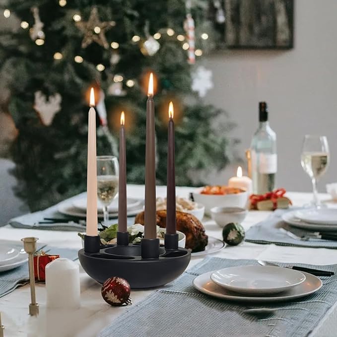 Christmas Advent Wreath Candle Holder 4 Taper Candlestick Seats Black Ceramic Candle Stand for Holiday Modern Home Party Kitchen Island Table Decor (Without Candles)