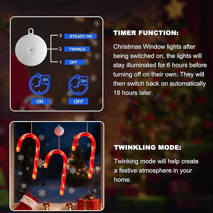 3 Pack Christmas Window Lights Decorations with Timer,Battery Powered Red Lighted Candy Cane LED String Sucker for Xmas 2026 Hanging Fireplace Window Indoor Decor