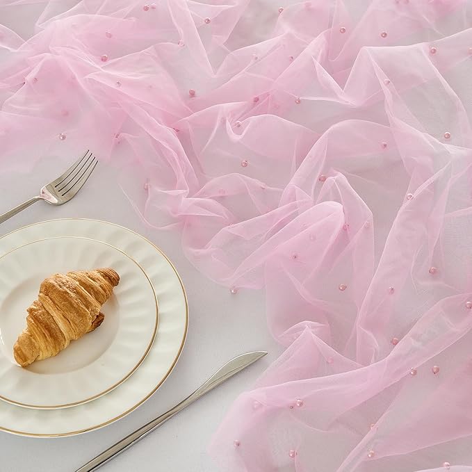 Fanami 6 Pack Pearl Table Runner -10FT Blush Pink Boho Tulle Table Runners 120 Inches Long Rustic Sheer Lace Fabric Centerpieces for Wedding Arch Birthday Party Bridal Veil Baby Shower Decorations