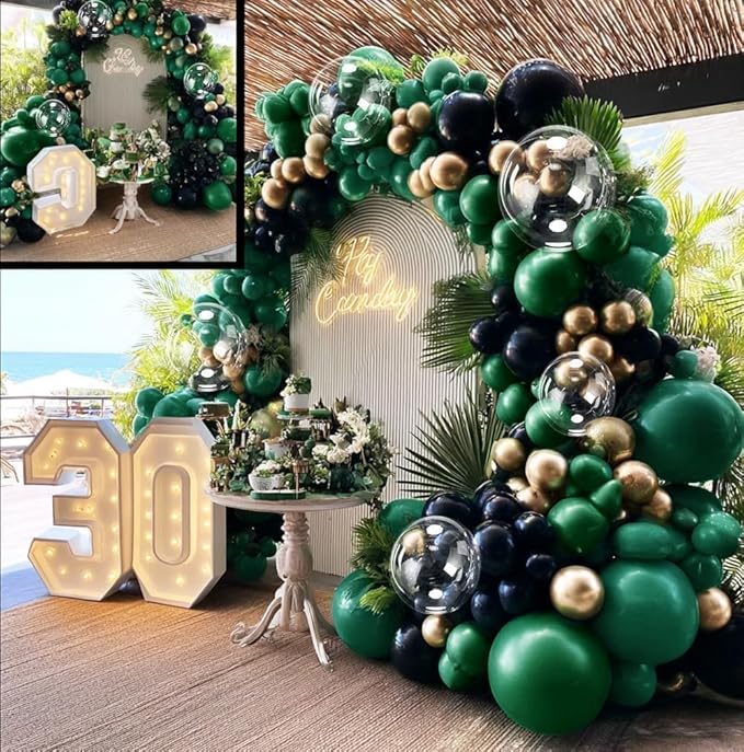Dark Green Black Balloon Arch Double Stuffed Emerald Hunter Green Black Gold Balloon Garland Kit for Birthday Christmas Wedding Bridal Baby Shower Jungle Graduation New Year Party Decor